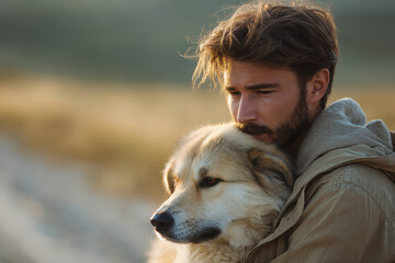 man lovingly embraces his dog at entrance of charming country home radiating warmth and care