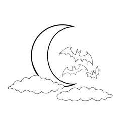 Half moon with clouds and bats Halloween, October, autumn, fall, clip art hand drawn black and white