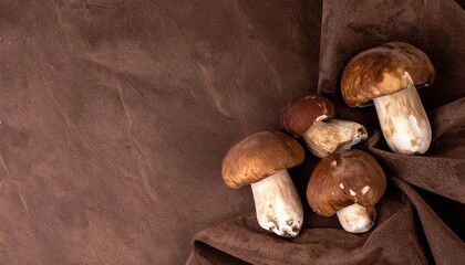 Brown Mushrooms on Cocoa Fabric Background