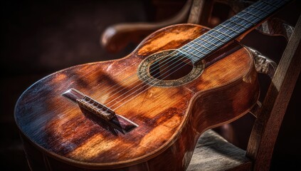 A close-up view of a weathered acoustic guitar, resting on a rustic wooden chair, showcasing warm tones and intricate wood grain details.