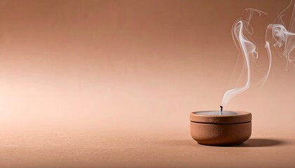 Burning Terracotta Candle with Smoke on Brown Background