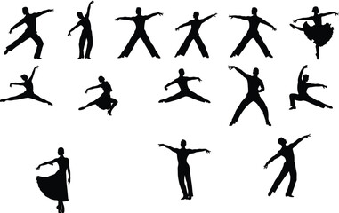 Silhouettes of diverse male and female dancers performing contemporary, ballet, and modern dance poses, showcasing dynamic movement and artistic expression vector.