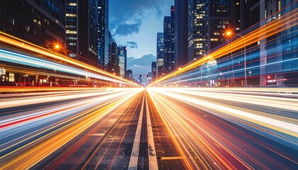 Fototapeta premium A city street at twilight, illuminated by streaks of light from speeding vehicles, creating a dynamic and vibrant scene.