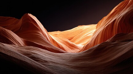 Sandy canyon, golden light.  Dark interior,  flowing rock formations