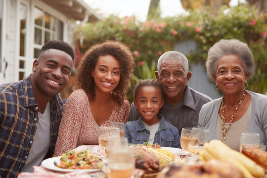 A multi-generation African American family eating a meal together outdoors