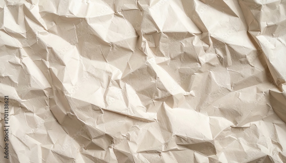 Aufkleber close-up shot showcases a crumpled beige paper texture, revealing intricate folds and shadows, creat