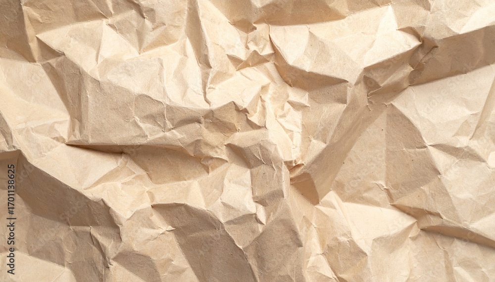 Poster the textured surface of crumpled light brown paper displays a chaotic pattern of folds, wrinkles, an