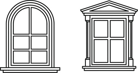 Two Stylized Windows with Arched Tops and Grid Panes - Architectural Design Elements

