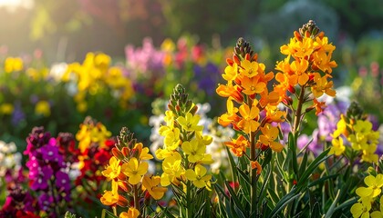 Obraz premium A vibrant display of colorful flowers in a garden setting, showcasing a profusion of yellows, oranges, reds, and purples, bathed in sunlight.