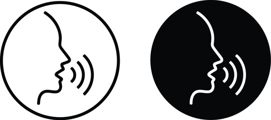 Speaking Icon Set: Man with Open Mouth, Sound Wave, and Voice Command Symbols
