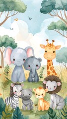 Naklejka premium Cute safari animals in a lush landscape