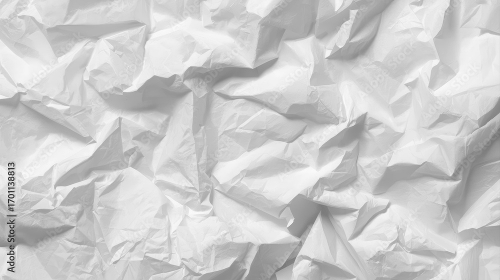 Poster a crumpled white paper texture fills the frame, displaying intricate folds and shadows, creating an 
