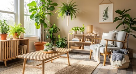 Fototapeta premium A cozy living room filled with house plants, a modern living space. The interior features wooden furniture, a comfortable sofa, and natural light