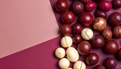 Chocolate Covered Macadamia Nuts on Maroon and Rose Background