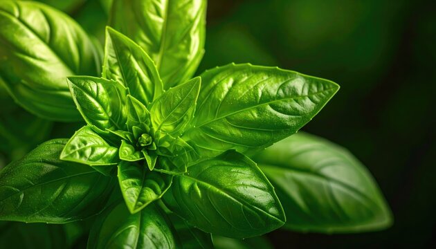 Closeup of Fresh Green Basil Leaves with Dew Drops - Powered by Adobe