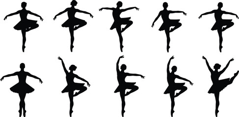 Silhouettes of elegant ballet dancers performing various classic poses wearing tutus, showcasing grace, balance, flexibility, and artistic dance movements in vector format.