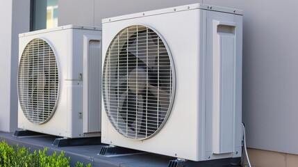 Condenser with a metallic silver or gray body and a network of thin cooling tubes, installed in an air conditioning system, refrigeration unit, or power plant to condense vapor into liquid, connected 