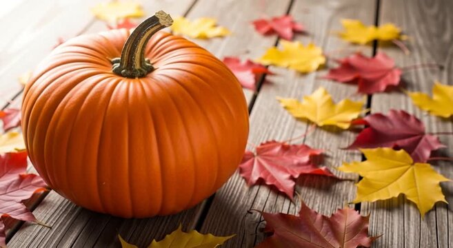 Close up of an orange pumpkin with a stem surrounded by colorful autumn leaves on a wooden surface