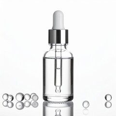 Clear Serum Bottle with Dropper and Round Glass Beads on White Background