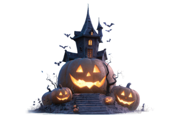 House with a large pumpkin on top and three smaller pumpkins surrounding it