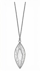 Elegant Silver Chain Necklace with Leaf Shaped Filigree Pendant Isolated on White Background
