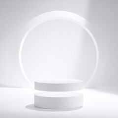 Minimalist White Product Display Podium with Circular Backdrop for Showcase in Studio Setting