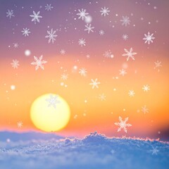 Snowy Sunset Over Fluffy Clouds with Warm Orange Sky and Falling White Snowflakes Creates Winter Season