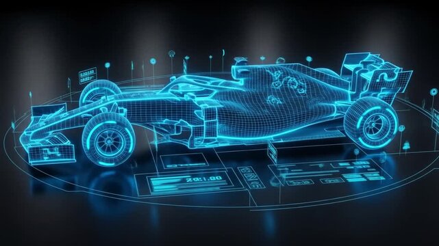 Futuristic Formula Racing Car with Blue Holographic Technology Display