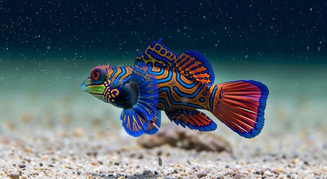 Close up of a colorful mandarin fish swimming in an aquarium with a sandy bottom and dark blue water