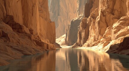 Sunlit canyon, calm river reflects cliffs