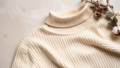 Cream Knit Turtleneck Sweater with Cotton Branches