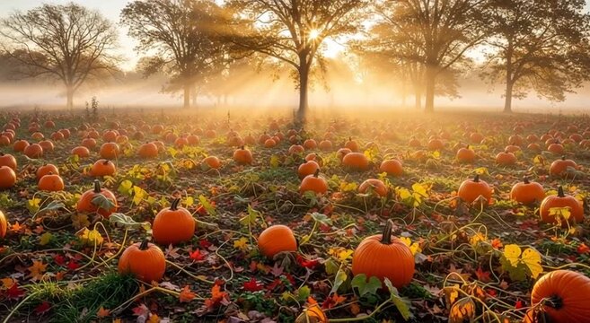 A pumpkin patch at sunrise with fog and trees in the background and fallen leaves on the ground view
