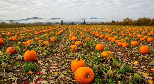 A vast pumpkin field under a cloudy sky with distant mountains and trees in the background view scene