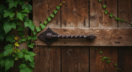 Aged wooden door with ornate metal latch and climbing ivy