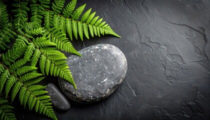Dark Grey Stones and Lush Green Fern on Black Background