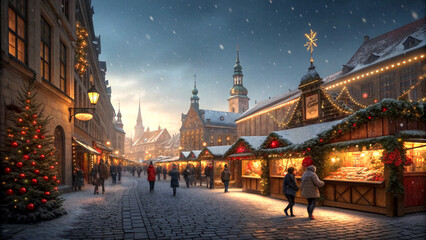 Fototapeta premium Medieval european christmas market glowing with festive lights