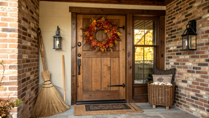 Obraz premium Rustic wooden door with autumn wreath and cozy entrance