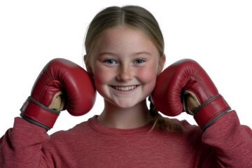 Bright Smiling Girl with Red Boxing Gloves Wearing Casual Sweatshirt, Showing Confidence and Joy in Sports Environment