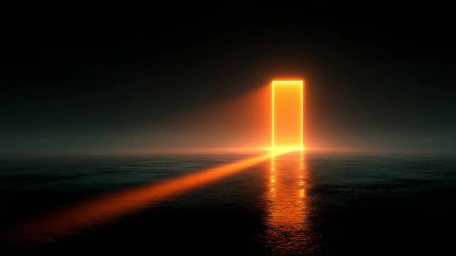Futuristic glowing doorway over dark ocean with reflective surface atmospheric surreal scene