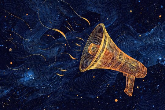A stylized megaphone, golden-hued and detailed, floats amidst a swirling, cosmic backdrop of luminous, dark-blue nebulae and stars
