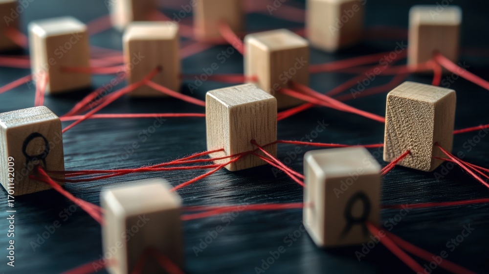 Poster interconnected wooden blocks with red threads.