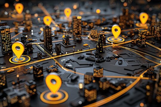 Night city map with many location markers.  Urban landscape rendered in 3D with glowing orange location pins