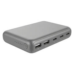Sleek grey portable power bank with multiple USB charging ports. PNG Transparent