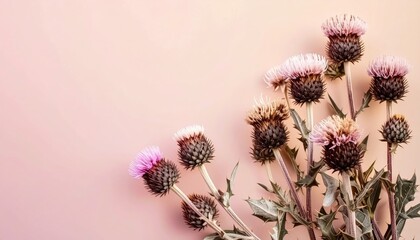 Dried Thistle Flowers on Pink Background