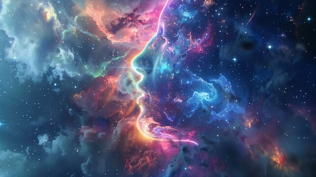 Divine face silhouette emerging from cosmic nebula with swirling celestial clouds representing spiritual deity manifesting in universe