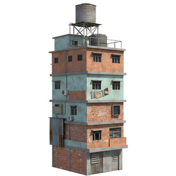 Stacked Urban Dwelling A MultiStory Building with Water Tanks and Weathered Facade.