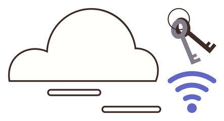 Cloud outline, two keys, and wireless signal symbolize data security, access, and connectivity. Ideal for technology, cybersecurity, digital privacy, cloud storage data transfer online safety