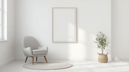 Sunlight streams into a minimalist living room featu a blank poster frame above a cozy armchair with a potted plant, creating a calming, modern interior.