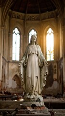 Fototapeta premium Damaged statue of Mary in dilapidated church