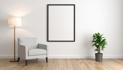 An elegantly styled room showcases a blank framed poster above a modern armchair beside a lush potted plant under the warm glow of a floor lamp, simple beauty.